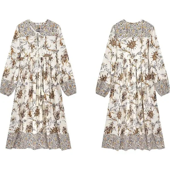 Women's Long Sleeve Floral V-Neck Boho Midi Dress with Ties for Vacation - Picture 6 of 6